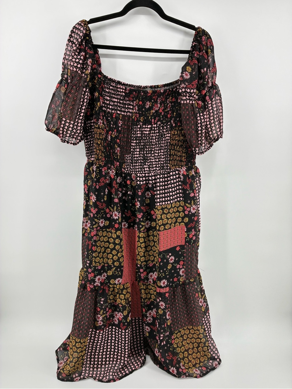 Smocked Off-Shoulder Floral Patchwork Maxi Dress - Black & Pink